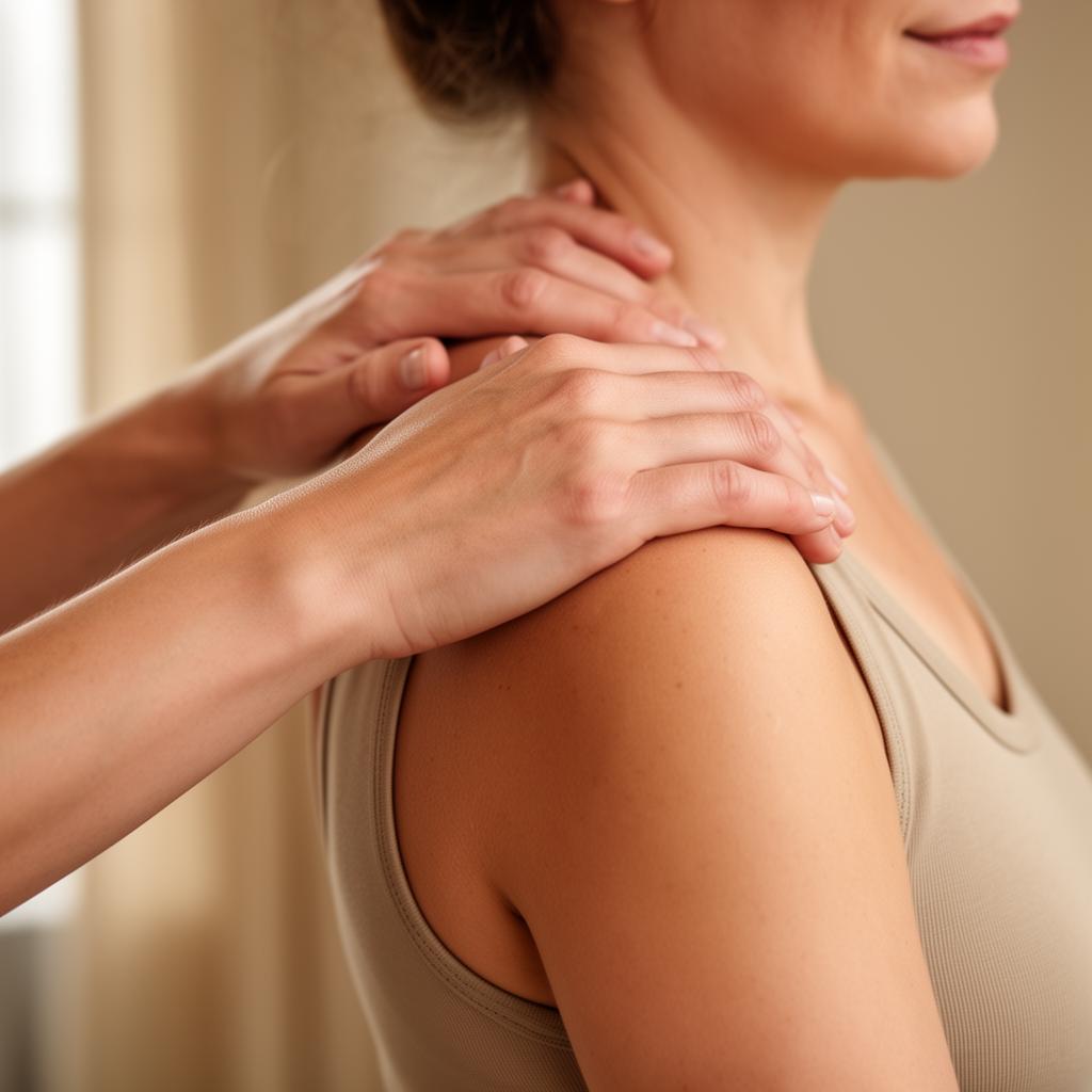 Therapist's hands working into a client's shoulders during a therapeutic massage